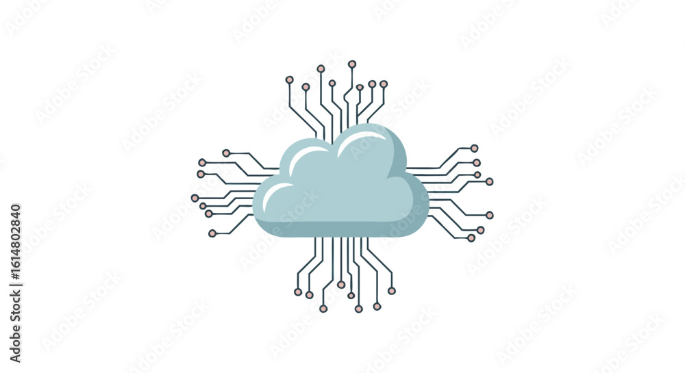 Poster cloud computing icon: a digital illustration of a cloud interconnected with circuit board pathways, 
