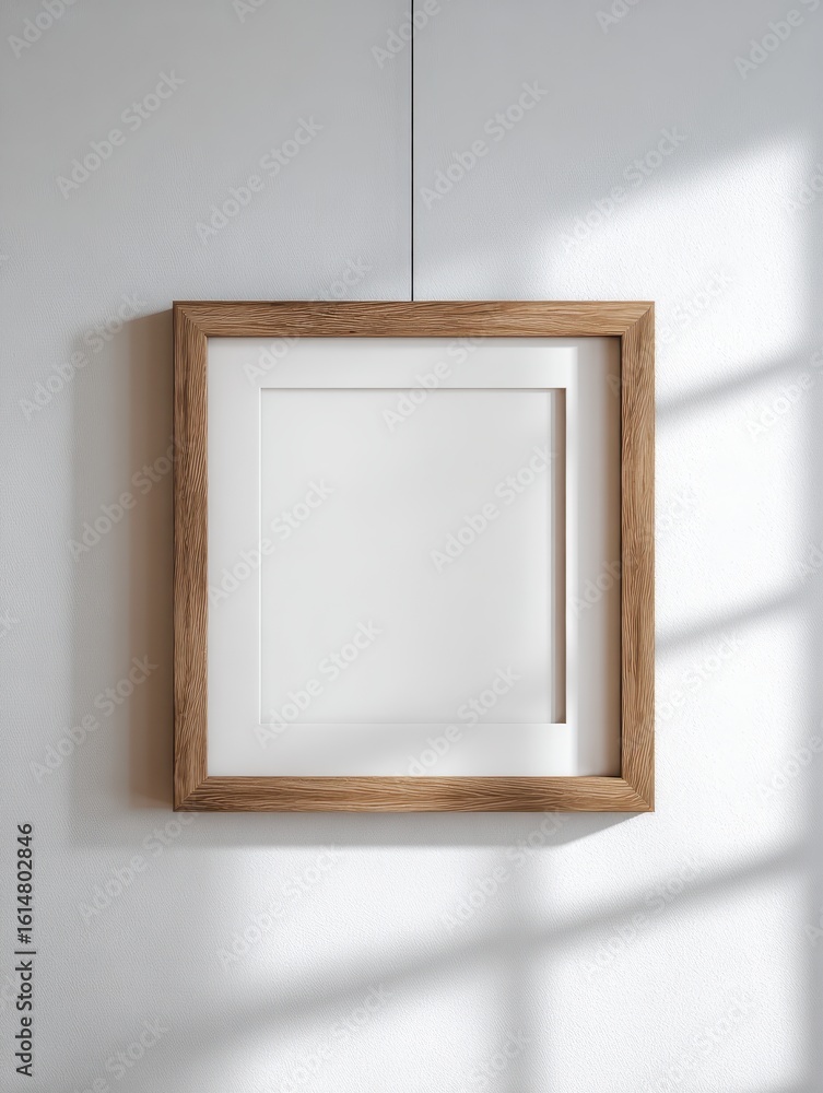 Aufkleber empty square wood frame on a white wall, with light and shadow creating depth