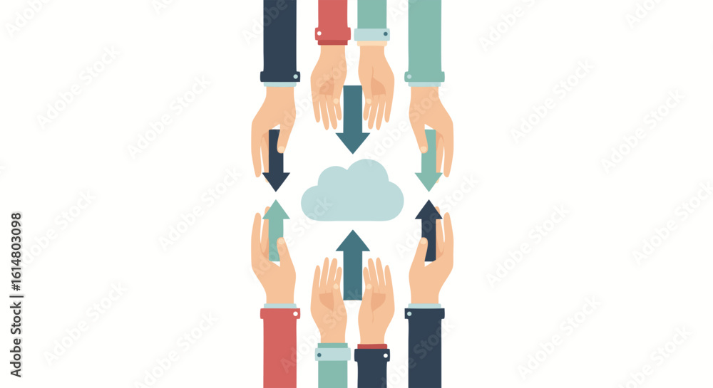 Poster cloud synchronization: hands connect and interacting data flows to the cloud in this illustrative de