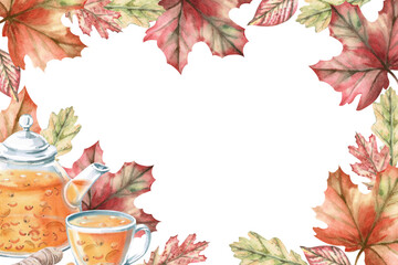 Rectangular frame with teapot and cup with sea buckthorn tea and autumn leaves. Isolated watercolor illustration on the theme of warming drinks for the design of a seasonal menu, culinary blogs.