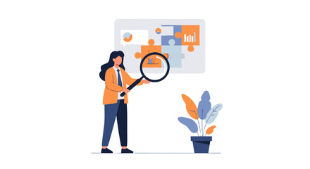 Puzzle Solving Analysis: A dynamic illustration shows a woman intently analyzing the intricate details of a puzzle with a magnifying glass, symbolizing analytical thinking.