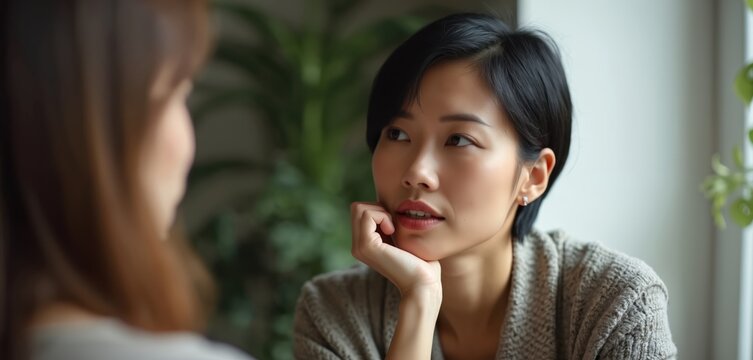 Asian woman listens intently during conversation. Hand supports chin, eyes focused, conveying deep engagement, understanding. Image captures attentive listening, nonverbal cues, genuine connection.