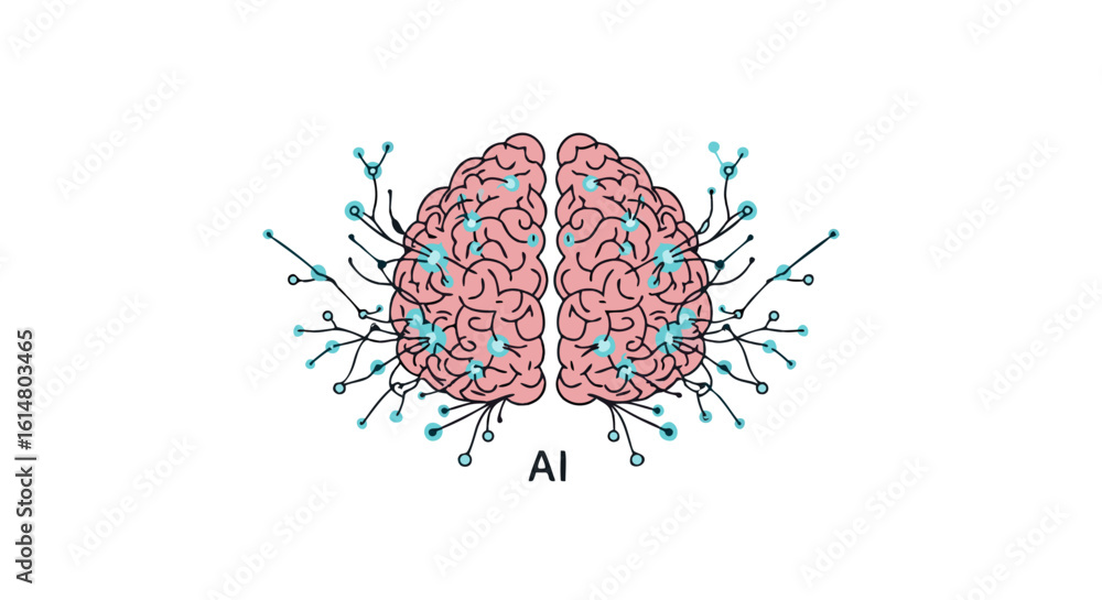 Poster brain ai: an illustration of the human brain is depicted, its intricate networks highlighted, symbol