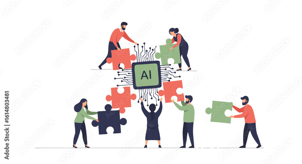Poster ai collaboration: a group of individuals join forces to assemble an artificial intelligence core, sy