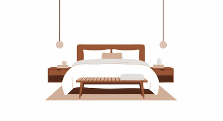 Modern Bedroom Interior: A stylish bedroom showcases a minimalist interior, featuring a bed with cushions and side tables, illuminated by pendant lights creating a sense of elegance.