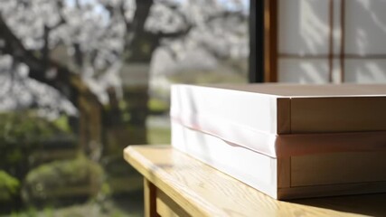 Light-colored wooden box with a pale pink ribbon sits on a light wood table, near a window with a blurred view of blossoming trees - Powered by Adobe