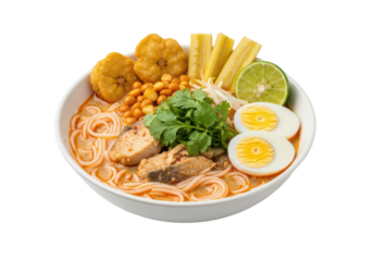 Steaming burmese mohinga fish noodle soup with vermicelli, creamy broth, crispy fritters, eggs, coriander, and lime on transparent background, commercial food photography concept
