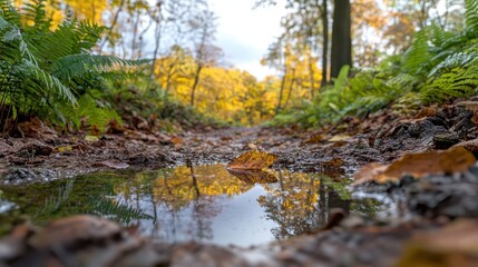 Tranquil Forest Path with Reflections and Autumn Colors in Nature