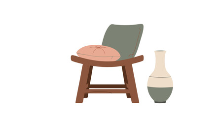 Cozy interior design illustration: A minimalist design, chair with a pillow, adorned with a small vase, and capturing the essence of comfort and simplicity.