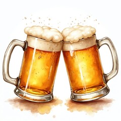 Two cold beer mugs clink together in celebration. Watercolor illustration shows golden lager with frothy foam, bubbles, condensation. Perfect for Beer Day, Oktoberfest, pub events, festive gatherings.