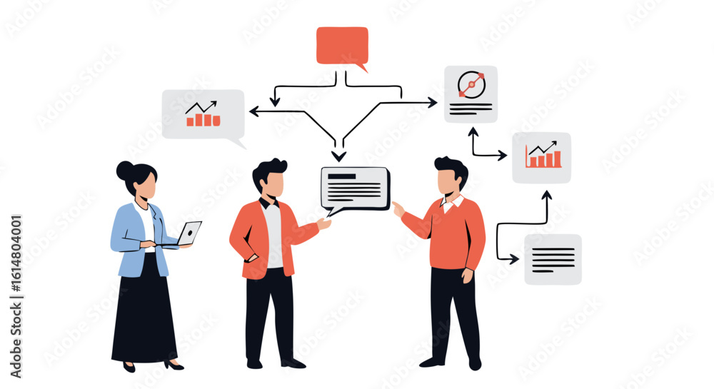Poster data sharing team meeting: a contemporary vector graphic depicts a group of professionals engaged in