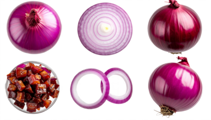 Fresh red onions whole sliced and diced showcasing vibrant colors and textures for culinary inspiration