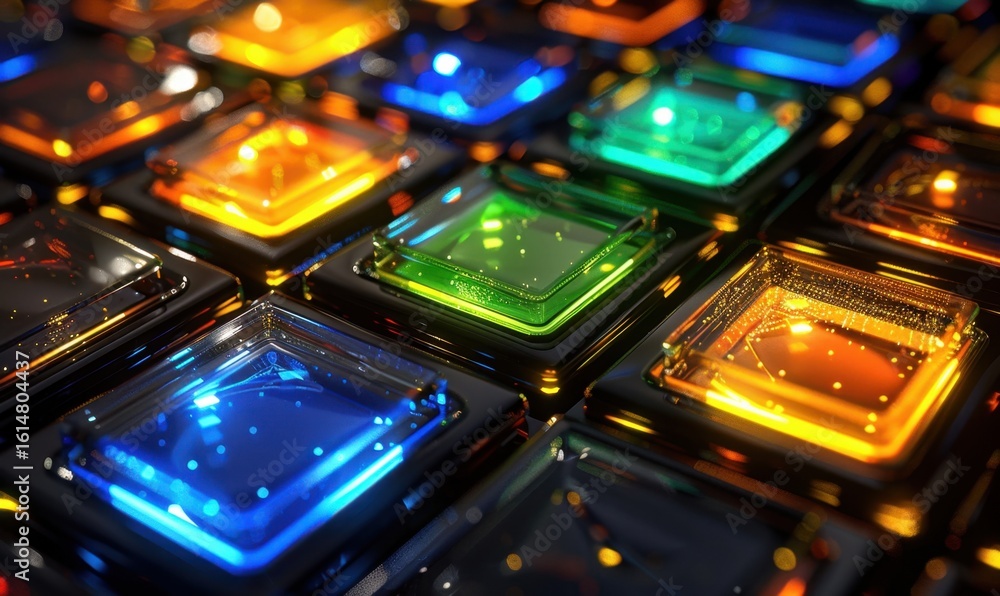 Poster illuminated square buttons with vibrant colors arrayed in a grid pattern