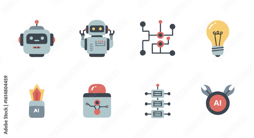 Poster robotics icons set: an array of minimalist icons symbolizing the evolving world of robotics, artific