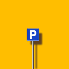 A blue parking sign with a shadow on a vibrant yellow background. The clean and simple composition makes it perfect for icons or urban-themed visual storytelling.