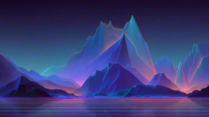 A neon lit mountain range reflecting in a calm water landscape under a starry night sky - Powered by Adobe