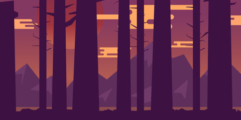 A minimal sunset forest landscape with tall black trees and purple mountains. Warm orange sky creates a peaceful atmosphere, perfect for wallpapers or nature-themed illustrations.