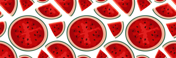 Juicy seamless pattern with watermelon slices. For summer backgrounds, food packaging, fabric prints