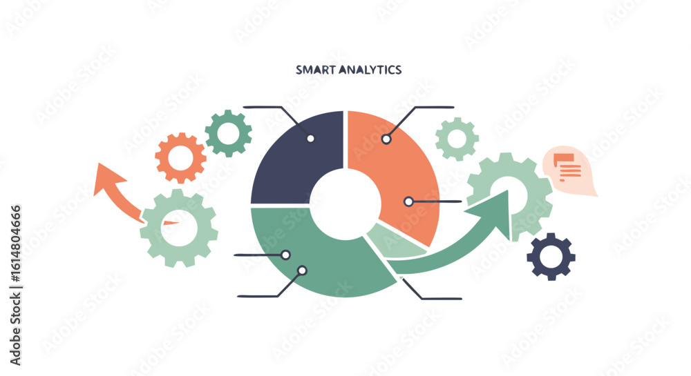 Poster smart analytics illustration: this digital illustration uses gears, charts, and arrows to visualize 