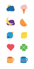 A collection of colorful flat icons featuring food, nature, and objects. Includes ice cream, heart, coffee, and more. The cheerful color palette fits mobile apps or UI designs.