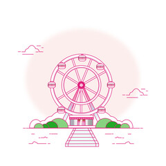 A pastel colored version of a ferris wheel scene, emphasizing pink and soft red tones. The playful vibe suits childhood memories, amusement park concepts, or dreamy visual themes.