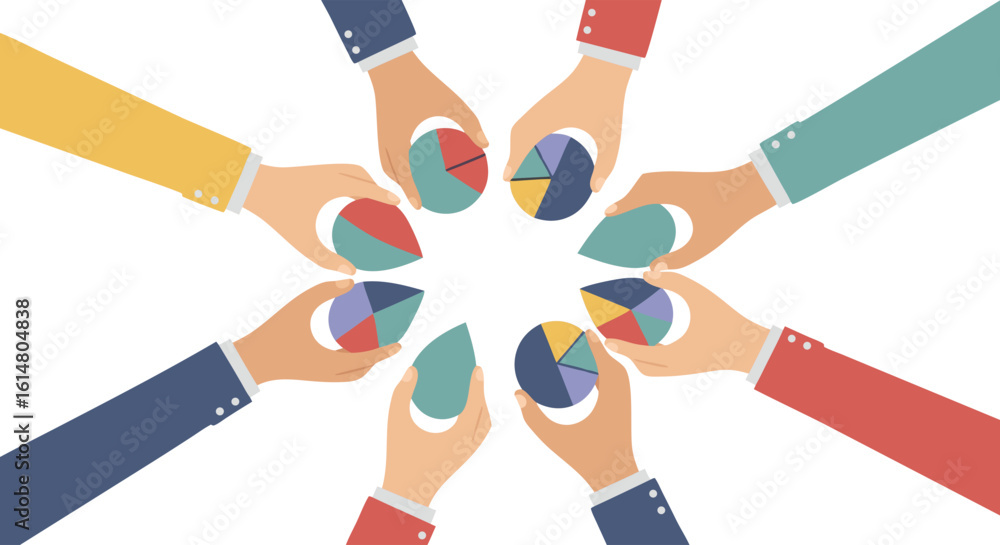 Poster pie chart teamwork: illustrative representation of collaboration, with hands holding pie charts to s