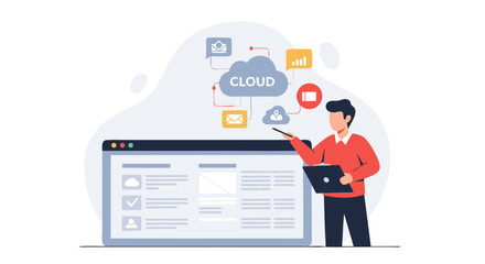 Cloud technology and digital Transformation: A man demonstrates cloud technology solutions on a digital interface, embodying the concept of cloud data.