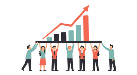 Teamwork and Business Growth: A graphic representation of a diverse group of individuals working together to support a graph representing the rise in business success.