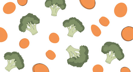Healthy Broccoli and Egg Pattern: A vibrant pattern features fresh broccoli florets and perfectly round orange egg elements, celebrating the delightful combination of health and culinary artistry.