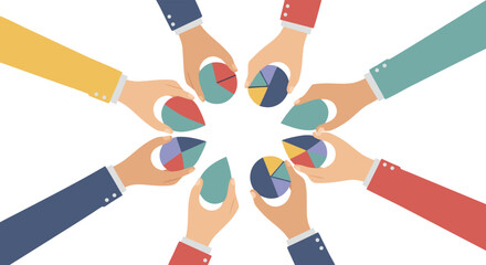 Pie Chart Teamwork: Illustrative representation of collaboration, with hands holding pie charts to showcase data-driven insights.