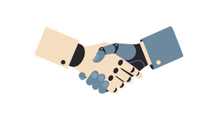 Robot and Human Handshake: Illustrating a symbol of human-machine collaboration and futuristic partnership. Represents a significant advancement in technology and automation.