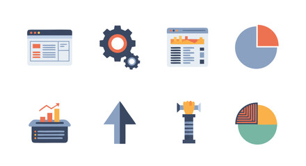 Modern Business Icons: A collection of contemporary business icons, perfect for illustrating concepts related to data analysis, progress tracking, and process optimization. 