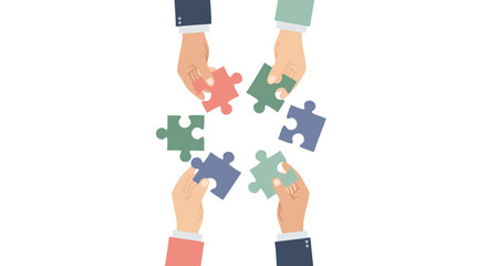 Collaboration Puzzle: A visual metaphor for teamwork, hands delicately interlock puzzle pieces, signifying cooperation and problem-solving in a vibrant, graphic illustration.