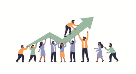 Navigating Business Growth: A team unites to lift an ascending arrow, signifying collaborative progress in a dynamic business environment.