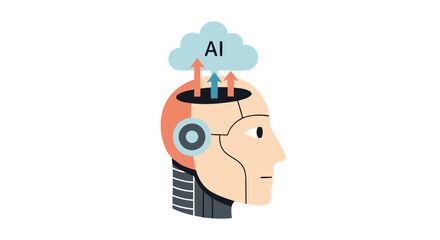 AI Brain Illustration: Depicting a fusion of technology and intellect, a stylized human head opens to reveal an AI cloud.