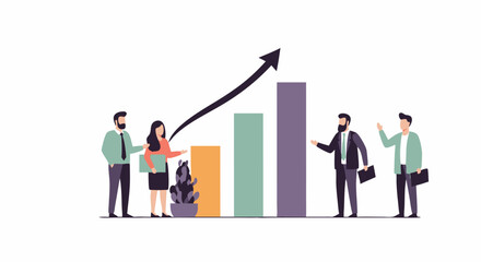 Rising Trends in Business: A group of business professionals stand around a graphical bar, an arrow indicating a rise, and they are witnessing a growth of their company in graphical form.