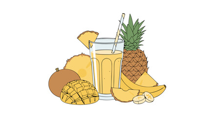 Tropical Delight: A refreshing and vibrant illustration of a glass of smoothie, surrounded by a variety of fresh tropical fruits, evoking a sense of health, wellness, and summer bliss.