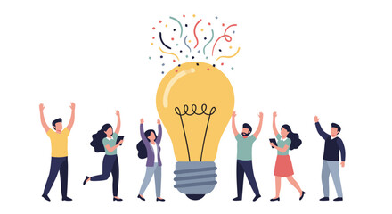 Bright Idea: A group celebrates an innovative concept, represented by a radiant lightbulb, with confetti adding to the excitement, symbolizing the moment of inspiration.