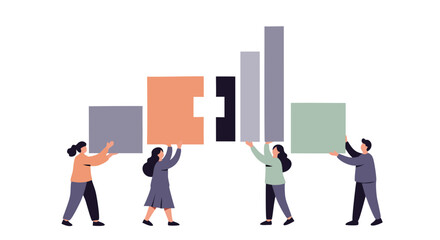 Building a Business Success: A visual representation of team members collaborating to construct a data graph, symbolizing growth and achievement. Illustrates the power of partnership.