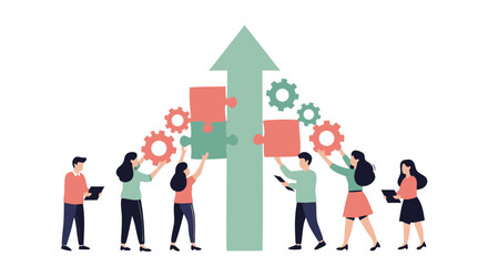 Collaboration towards Growth: A team of individuals collaboratively assembling puzzle pieces and aligning gears to construct an upward-pointing arrow.