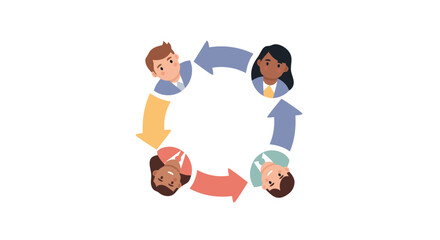 Circular Collaboration: Diverse individuals engaged in circular teamwork, with each person's face highlighted, with a gentle blend of artistic graphic details.