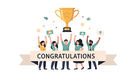 Trophy Celebration: A vibrant graphic of individuals celebrating a victory, with a golden trophy, capturing the essence of achievement and congratulations.