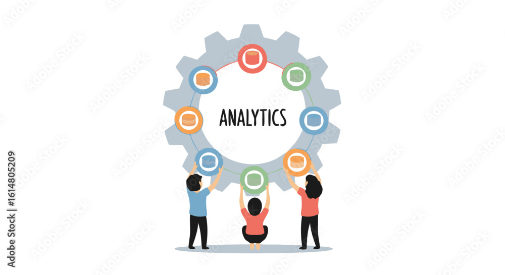 Poster unveiling analytics: collaborative effort as a team places analytics within a gears-shaped. demonstr