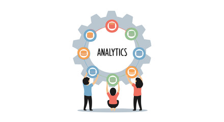 Unveiling Analytics: Collaborative effort as a team places analytics within a gears-shaped. Demonstrating the process of data-driven exploration and discovery.