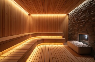 Luxurious wooden sauna interior features tiered benches with warm ambient lighting. Stone accent wall complements modern electric heater, pebble-filled basin. Tranquil space offers ultimate