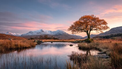 Fototapeta premium Tranquil autumnal landscape with a lone tree reflecting in a still pond, a sunrise over snow-capped mountains