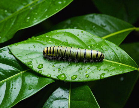 Caterpillar pupating on the surface of a wet green leaf