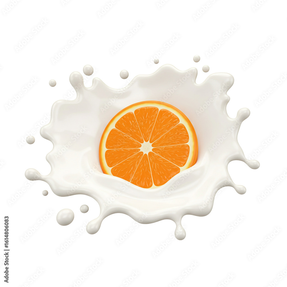 Poster a vibrant orange slice submerged in a creamy liquid splash creating a refreshing and appetizing visu