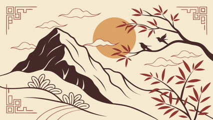 Asian inspired mountain landscape with birds and sun vector design illustration for graphic design art 100