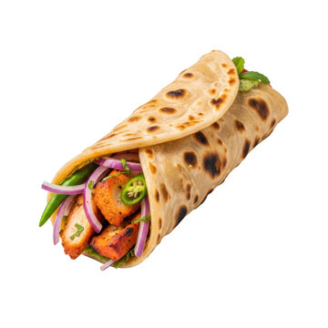 Perfectly rolled Kati Roll with golden-brown paratha, tender grilled chicken tikka, red onions, chilies, mint chutney, isolated on transparent shadowless background. Appetizing commercial food